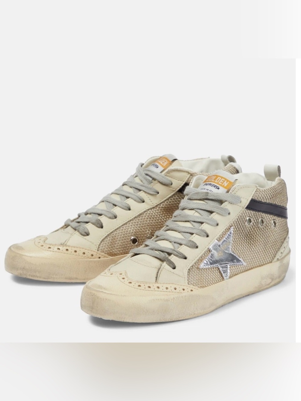Golden Goose Cream Mesh and Black Leather Mid Star Sneakers with Silver Star - Picture 2 of 11